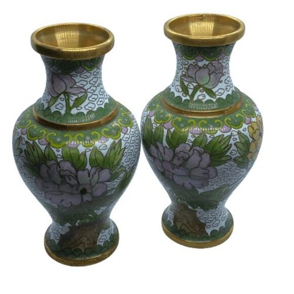 Set of 2 Jingfa Chinese Floral Cloisonne 5" Brass Vases